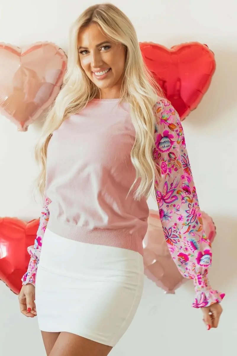 Oatmeal Floral Patchwork Smocked Long Sleeve Knit Top - Love Salve